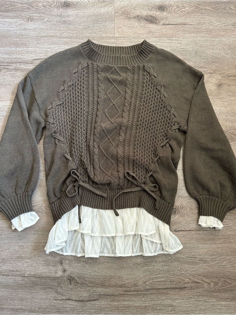 Miss Me Women’s Brown Cable-Knit Sweater with Ruffle Hem